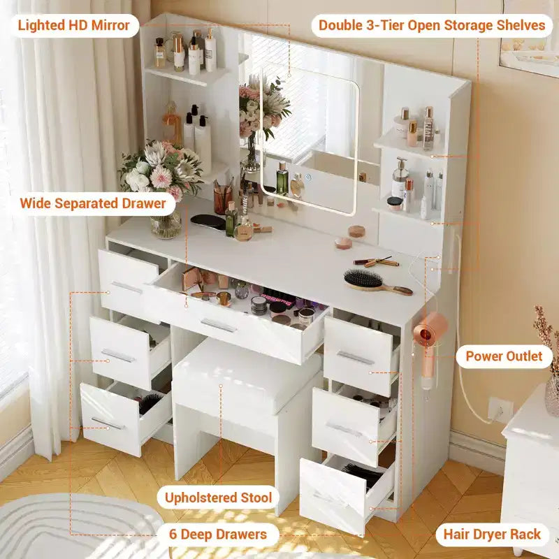 Vanity Desk with Mirror, Led Lights, Power Outlet and Stool, Makeup Vanity Table with 7 Drawers, Dressing Table