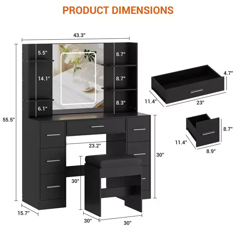 Vanity Desk with Mirror, Led Lights, Power Outlet and Stool, Makeup Vanity Table with 7 Drawers, Dressing Table