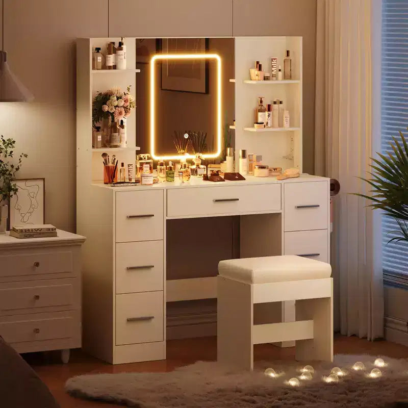 Vanity Desk with Mirror, Led Lights, Power Outlet and Stool, Makeup Vanity Table with 7 Drawers, Dressing Table