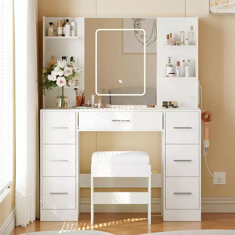 Vanity Desk with Mirror, Led Lights, Power Outlet and Stool, Makeup Vanity Table with 7 Drawers, Dressing Table
