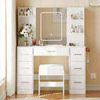 Vanity Desk with Mirror, Led Lights, Power Outlet and Stool, Makeup Vanity Table with 7 Drawers, Dressing Table