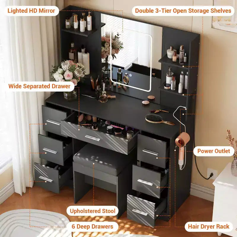 Vanity Desk with Mirror, Led Lights, Power Outlet and Stool, Makeup Vanity Table with 7 Drawers, Dressing Table