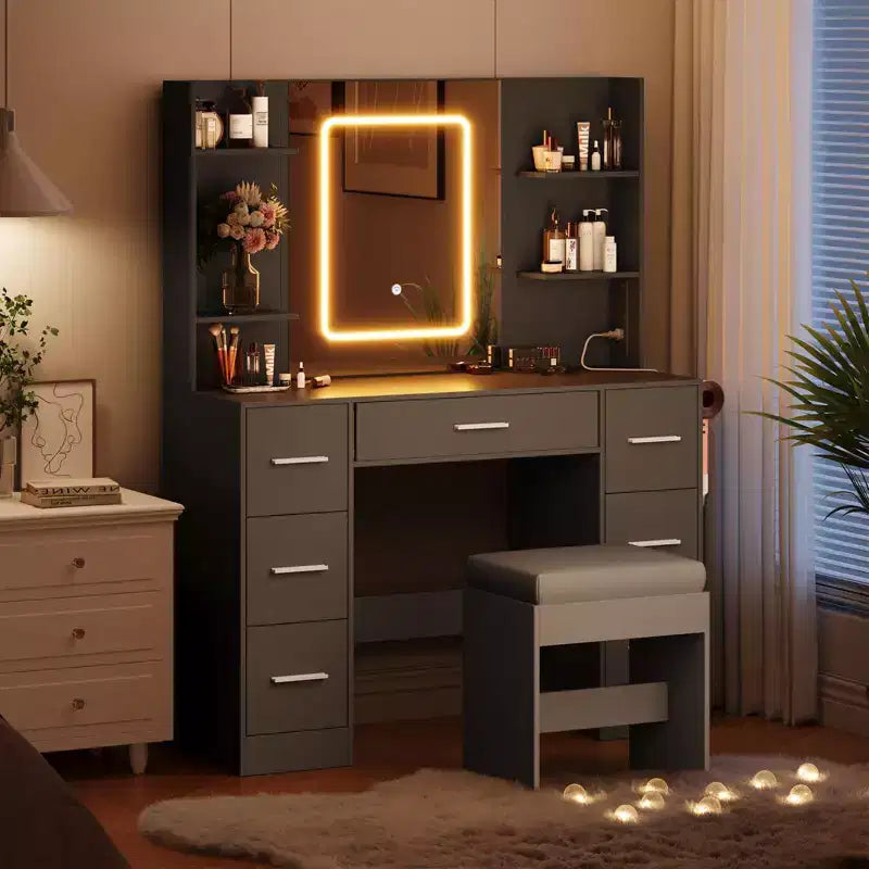 Vanity Desk with Mirror, Led Lights, Power Outlet and Stool, Makeup Vanity Table with 7 Drawers, Dressing Table