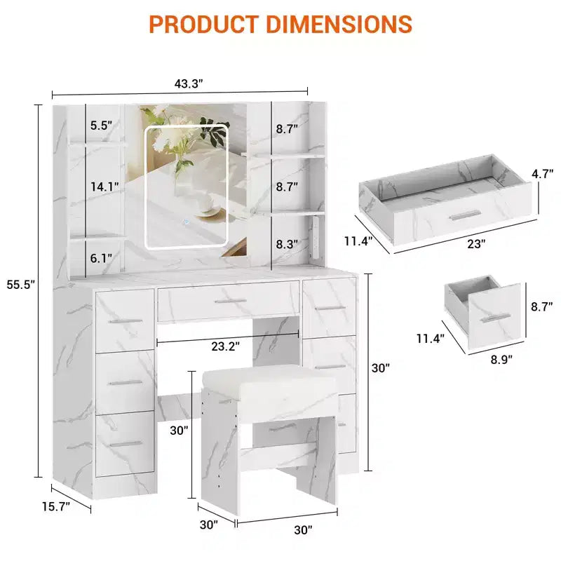 Vanity Desk with Mirror, Led Lights, Power Outlet and Stool, Makeup Vanity Table with 7 Drawers, Dressing Table