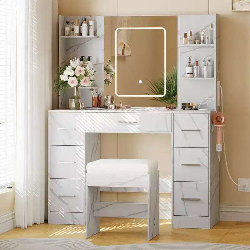 Vanity Desk with Mirror, Led Lights, Power Outlet and Stool, Makeup Vanity Table with 7 Drawers, Dressing Table
