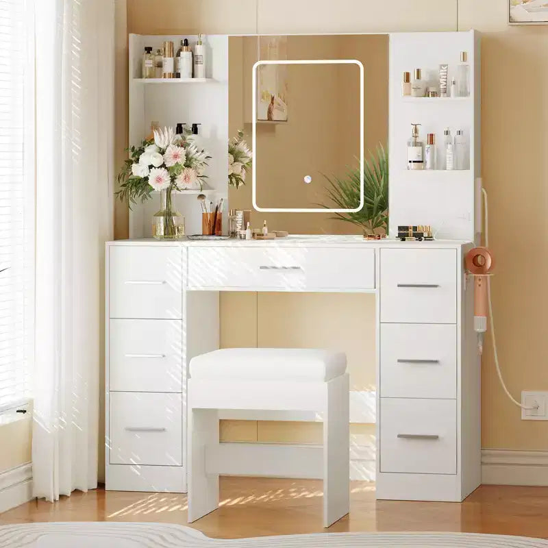 Vanity Desk with Mirror, Led Lights, Power Outlet and Stool, Makeup Vanity Table with 7 Drawers, Dressing Table