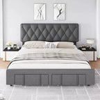 Full/Queen/King Size Upholstered Platform Bed Frame with 2 Storage Drawers, Solid Wood Slats, No Box Spring Needed, Noise-Free