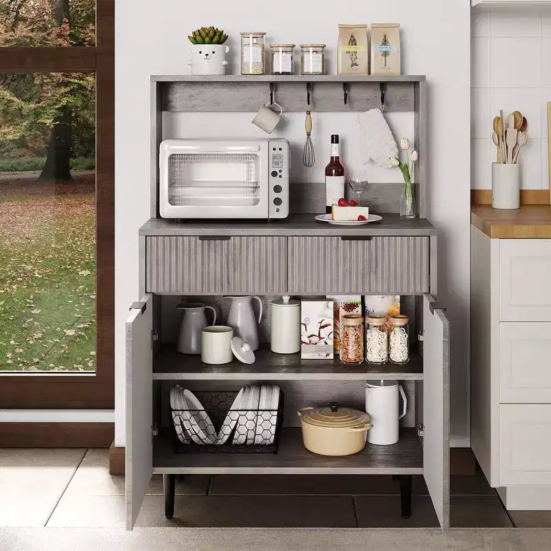 48'' Sideboard Buffet Cabinet, Fluted Coffee Bar Cabinet with 2 Drawers & Adjustable Shelves, Wooden Console Table, Kitchen Storage Cabinet