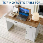 47 Farmhouse Executive Desk, Rustic Home Office Desk with Drawers and Storage Cabinet, Wood Computer Desks Writing Workstation Antique White