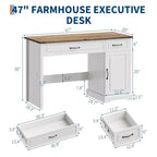 47 Farmhouse Executive Desk, Rustic Home Office Desk with Drawers and Storage Cabinet, Wood Computer Desks Writing Workstation Antique White