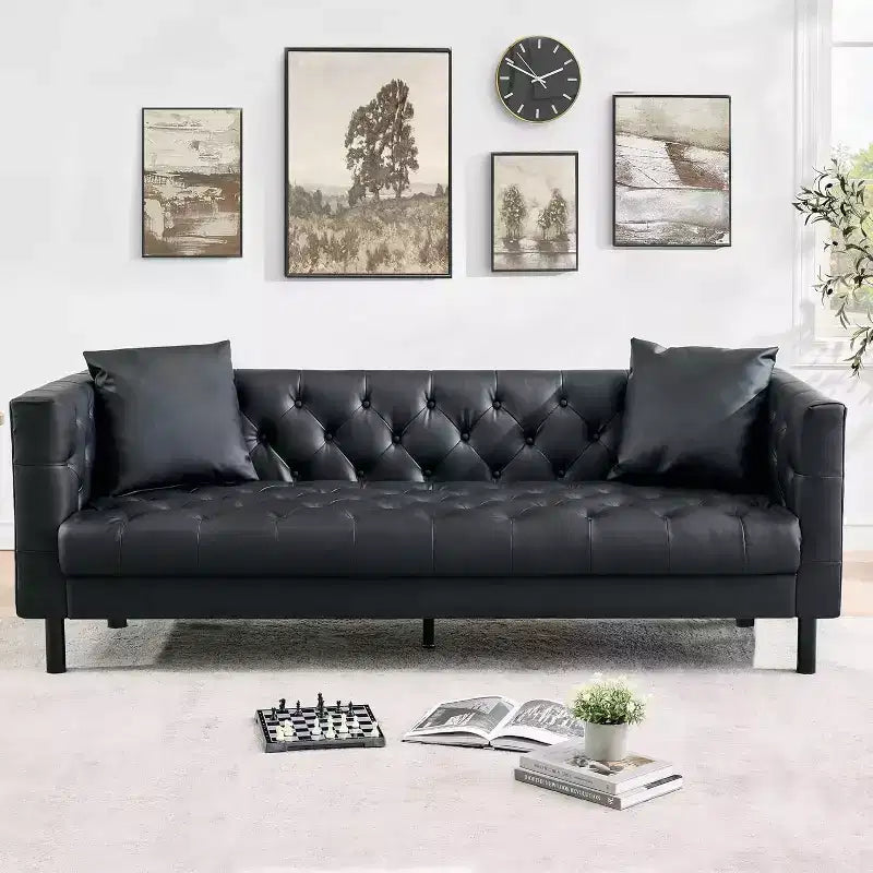 78-inch PU leather sofa, hand-stitched button quilted three-seater with a deep seat, two back cushions, and rolled armrests, suitable for living rooms and apartments.