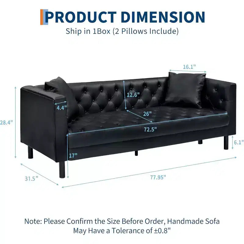 78-inch PU leather sofa, hand-stitched button quilted three-seater with a deep seat, two back cushions, and rolled armrests, suitable for living rooms and apartments.