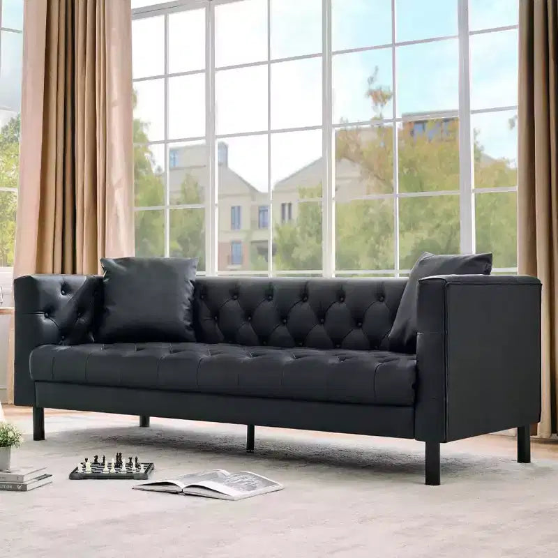 78-inch PU leather sofa, hand-stitched button quilted three-seater with a deep seat, two back cushions, and rolled armrests, suitable for living rooms and apartments.