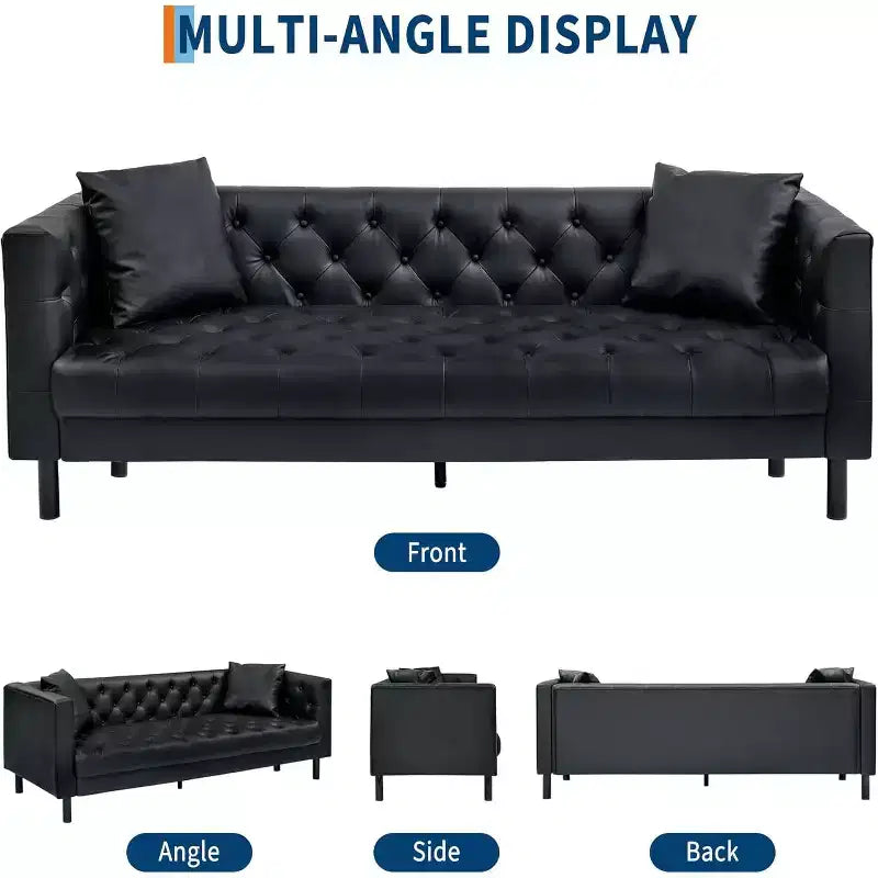 78-inch PU leather sofa, hand-stitched button quilted three-seater with a deep seat, two back cushions, and rolled armrests, suitable for living rooms and apartments.