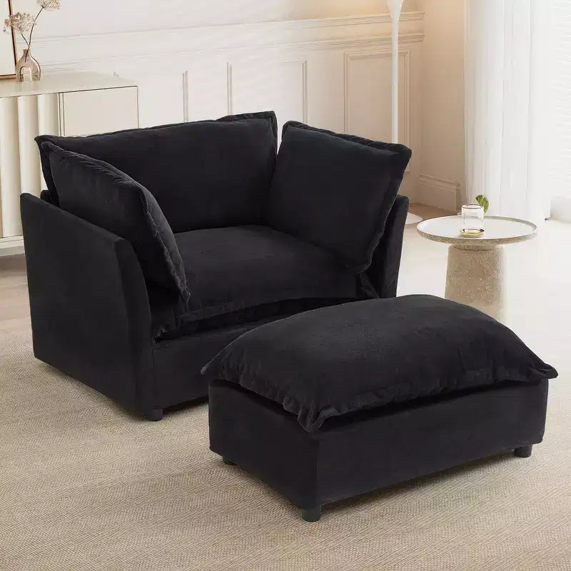 Chenille Armchair Sofa with Movable Ottoman, Wide Seat, Curved Armrests and Soft Pillows