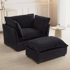 Chenille Armchair Sofa with Movable Ottoman, Wide Seat, Curved Armrests and Soft Pillows