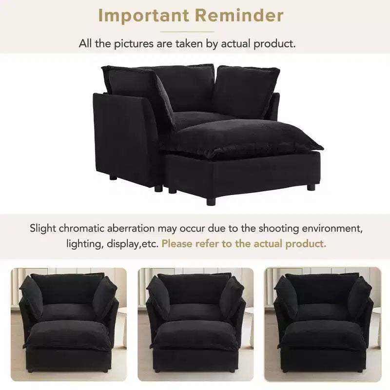 Chenille Armchair Sofa with Movable Ottoman, Wide Seat, Curved Armrests and Soft Pillows
