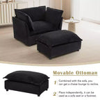 Chenille Armchair Sofa with Movable Ottoman, Wide Seat, Curved Armrests and Soft Pillows