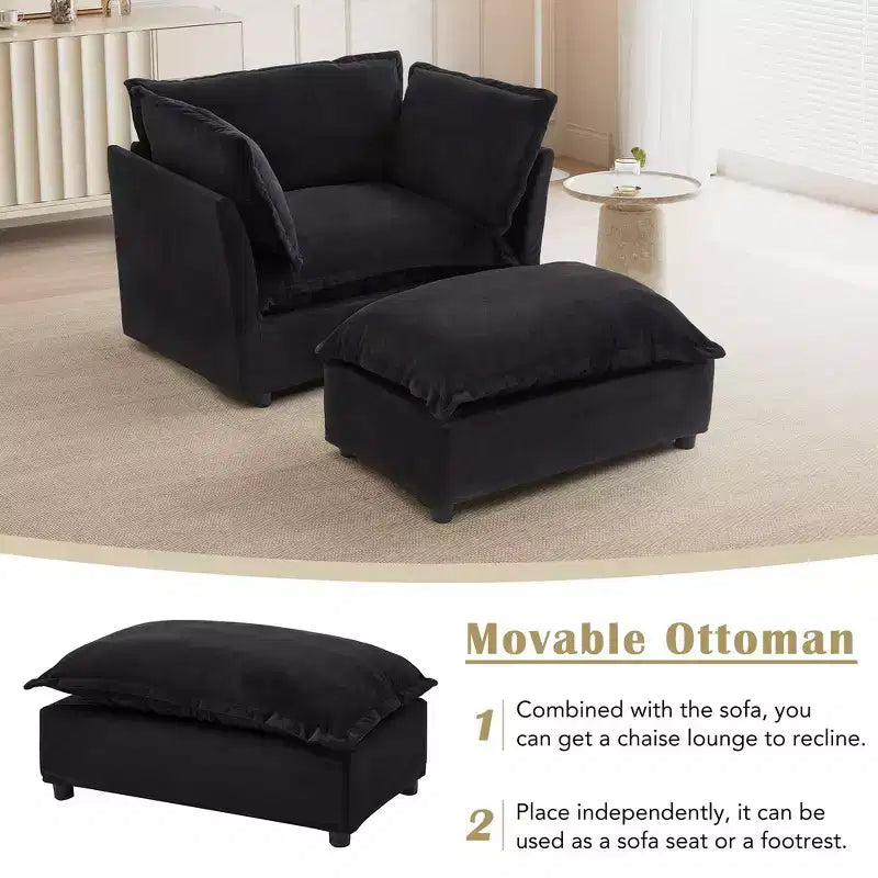 Chenille Armchair Sofa with Movable Ottoman, Wide Seat, Curved Armrests and Soft Pillows