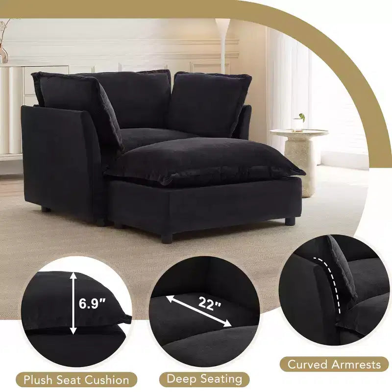 Chenille Armchair Sofa with Movable Ottoman, Wide Seat, Curved Armrests and Soft Pillows