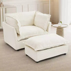 Chenille Armchair Sofa with Movable Ottoman, Wide Seat, Curved Armrests and Soft Pillows