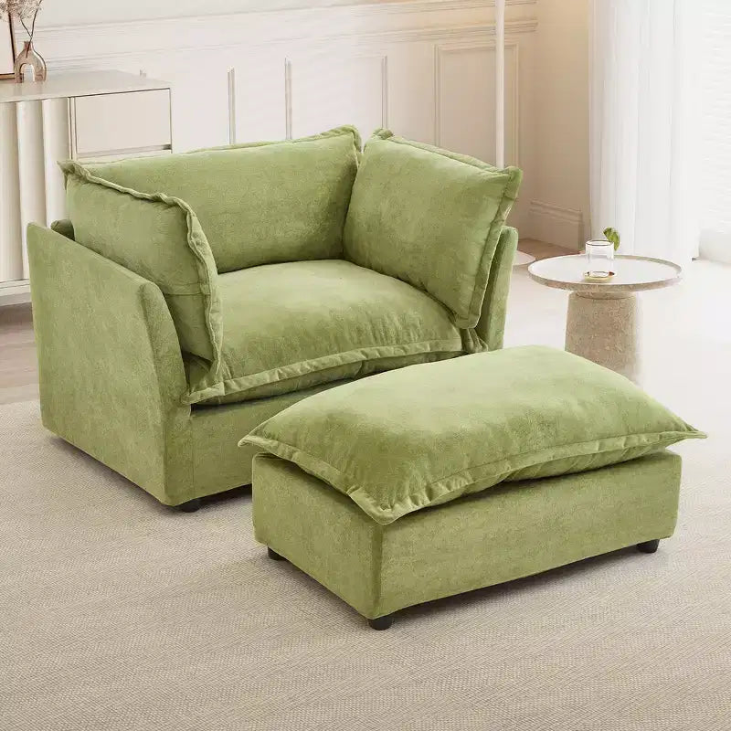 Chenille Armchair Sofa with Movable Ottoman, Wide Seat, Curved Armrests and Soft Pillows