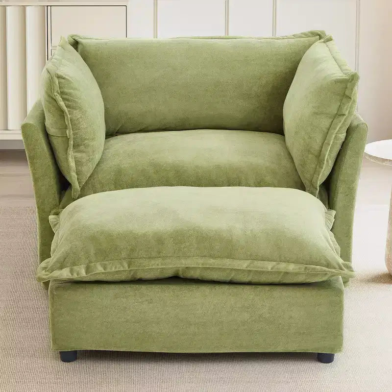 Chenille Armchair Sofa with Movable Ottoman, Wide Seat, Curved Armrests and Soft Pillows