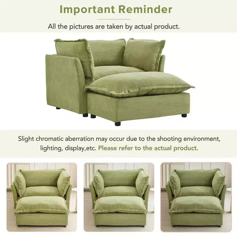 Chenille Armchair Sofa with Movable Ottoman, Wide Seat, Curved Armrests and Soft Pillows
