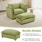 Chenille Armchair Sofa with Movable Ottoman, Wide Seat, Curved Armrests and Soft Pillows