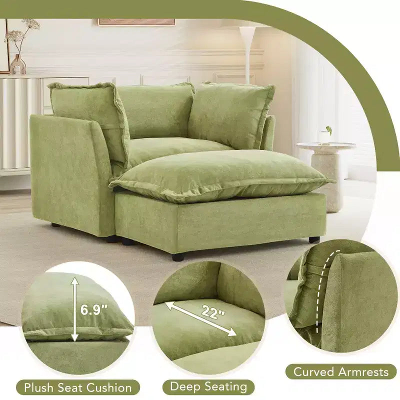 Chenille Armchair Sofa with Movable Ottoman, Wide Seat, Curved Armrests and Soft Pillows