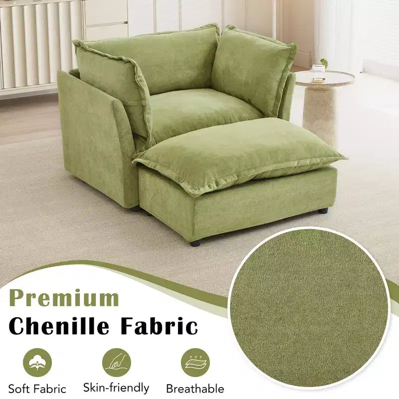 Chenille Armchair Sofa with Movable Ottoman, Wide Seat, Curved Armrests and Soft Pillows
