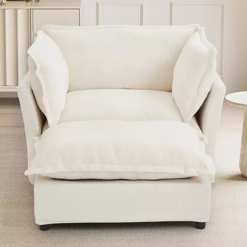 Chenille Armchair Sofa with Movable Ottoman, Wide Seat, Curved Armrests and Soft Pillows