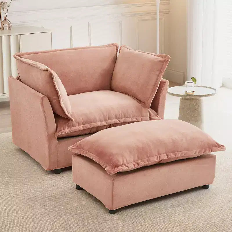 Chenille Armchair Sofa with Movable Ottoman, Wide Seat, Curved Armrests and Soft Pillows