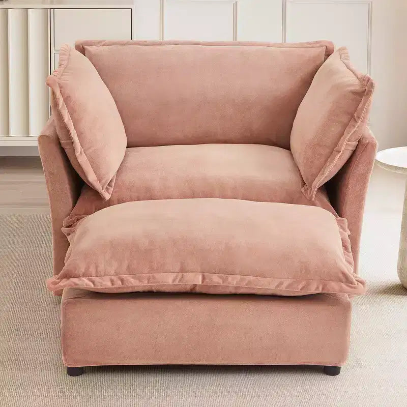 Chenille Armchair Sofa with Movable Ottoman, Wide Seat, Curved Armrests and Soft Pillows