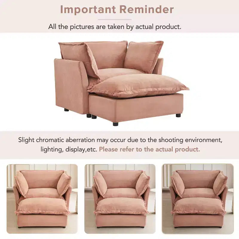 Chenille Armchair Sofa with Movable Ottoman, Wide Seat, Curved Armrests and Soft Pillows