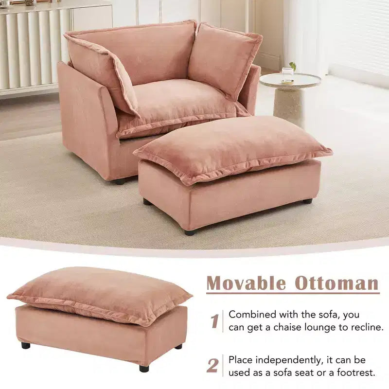 Chenille Armchair Sofa with Movable Ottoman, Wide Seat, Curved Armrests and Soft Pillows