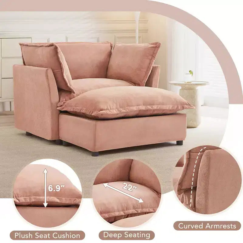 Chenille Armchair Sofa with Movable Ottoman, Wide Seat, Curved Armrests and Soft Pillows