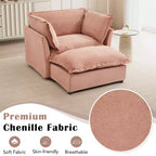 Chenille Armchair Sofa with Movable Ottoman, Wide Seat, Curved Armrests and Soft Pillows