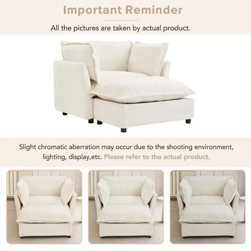 Chenille Armchair Sofa with Movable Ottoman, Wide Seat, Curved Armrests and Soft Pillows