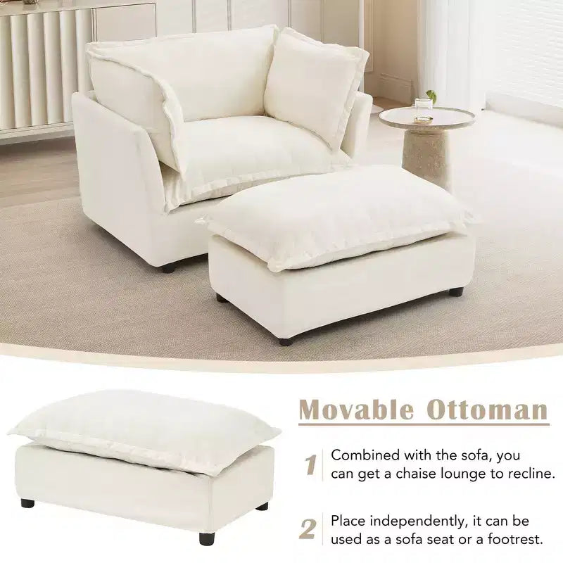 Chenille Armchair Sofa with Movable Ottoman, Wide Seat, Curved Armrests and Soft Pillows