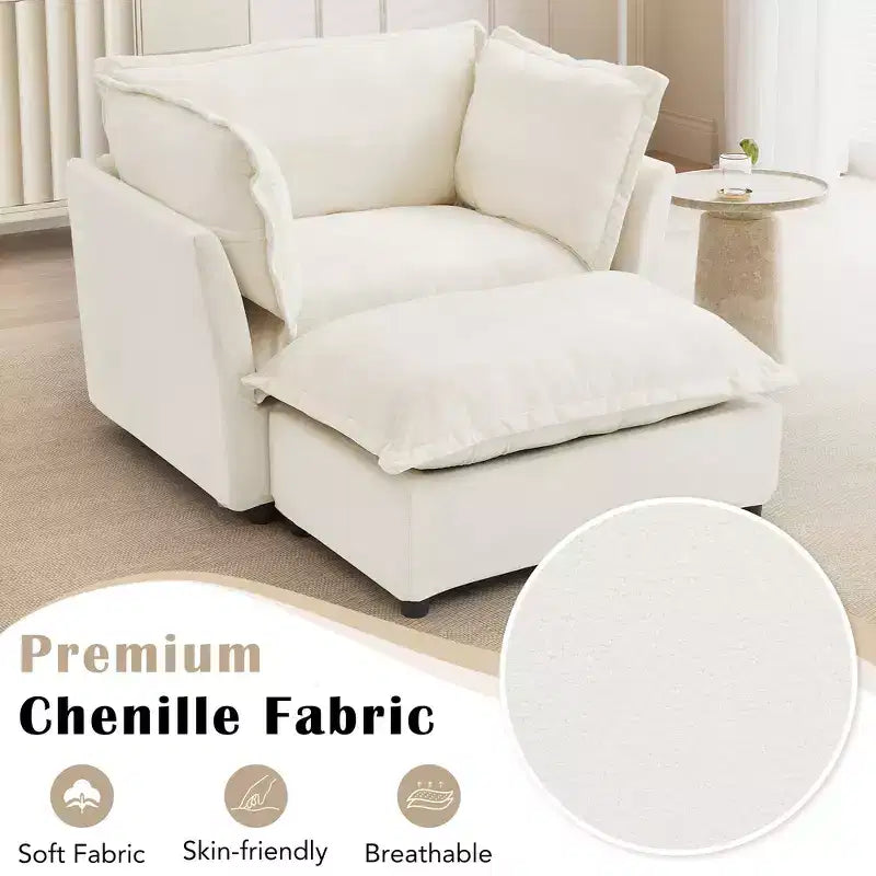 Chenille Armchair Sofa with Movable Ottoman, Wide Seat, Curved Armrests and Soft Pillows