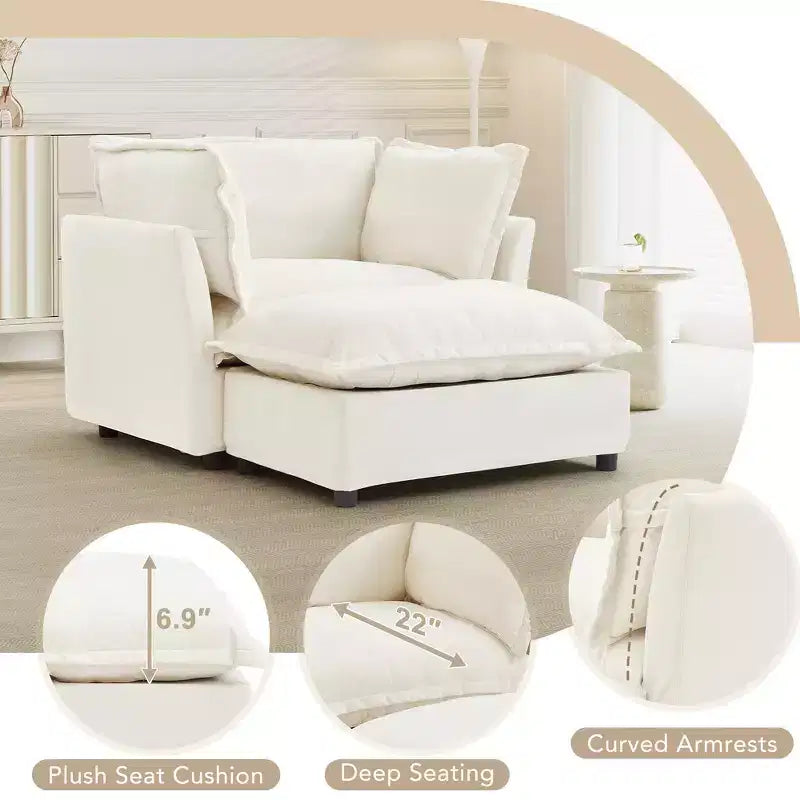 Chenille Armchair Sofa with Movable Ottoman, Wide Seat, Curved Armrests and Soft Pillows