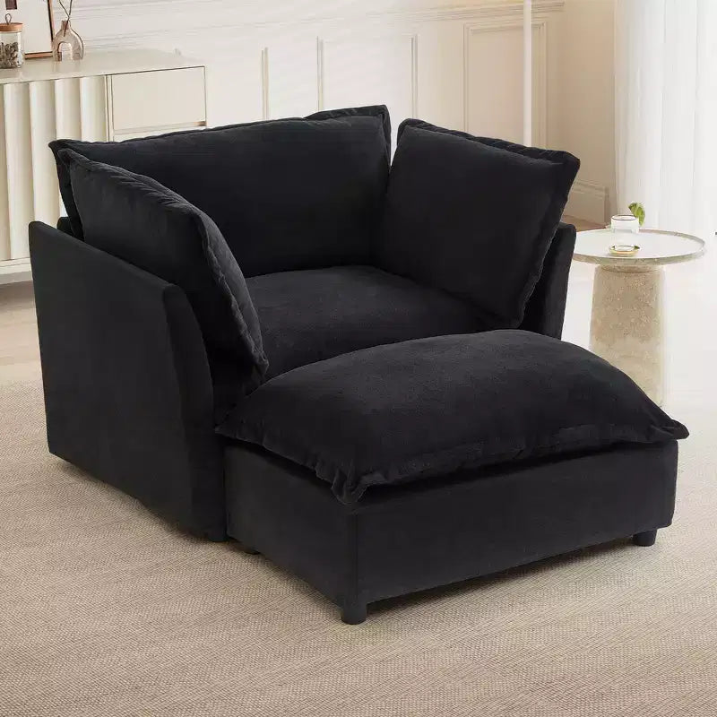 Chenille Armchair Sofa with Movable Ottoman, Wide Seat, Curved Armrests and Soft Pillows