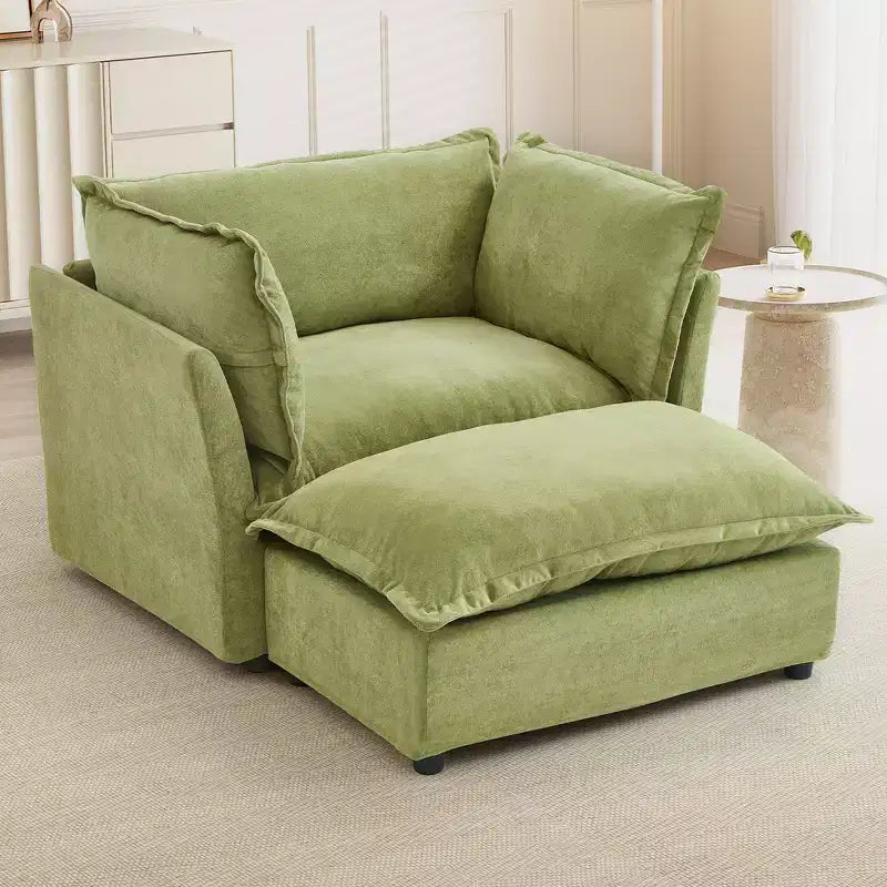 Chenille Armchair Sofa with Movable Ottoman, Wide Seat, Curved Armrests and Soft Pillows