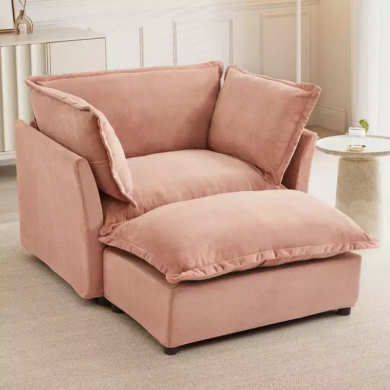 Chenille Armchair Sofa with Movable Ottoman, Wide Seat, Curved Armrests and Soft Pillows