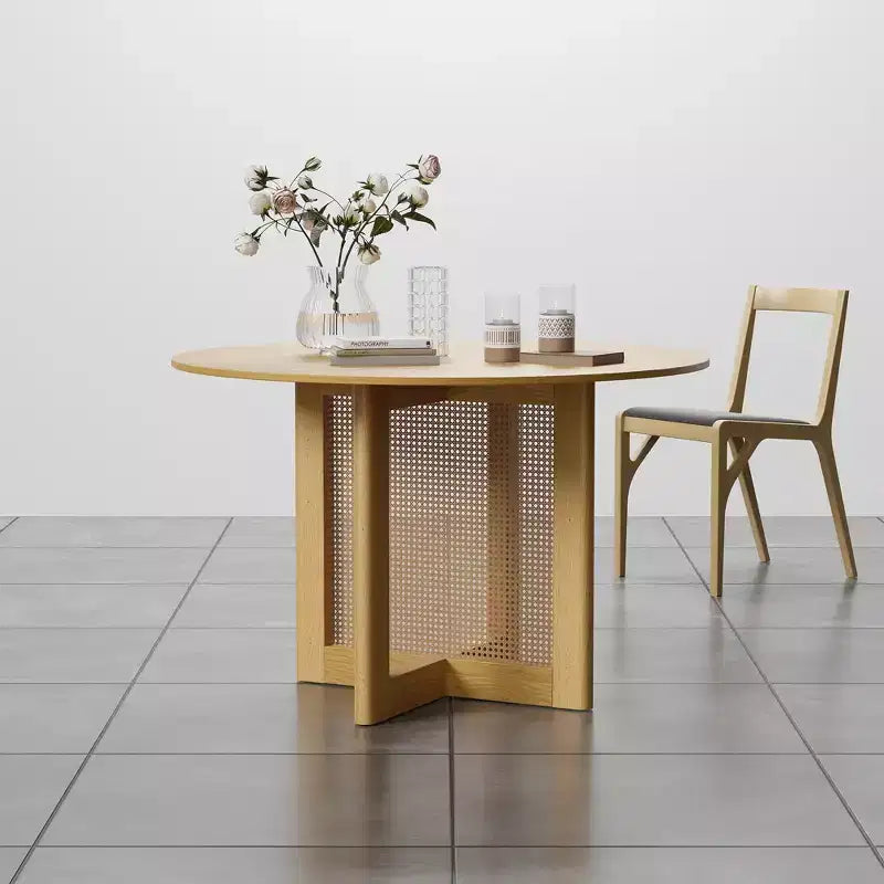 46 x 46 Farmhouse Kitchen Dining Room Table Furniture Round Oak Kitchen Table with Rattan Woven Legs for Kitchen Bar Living Room