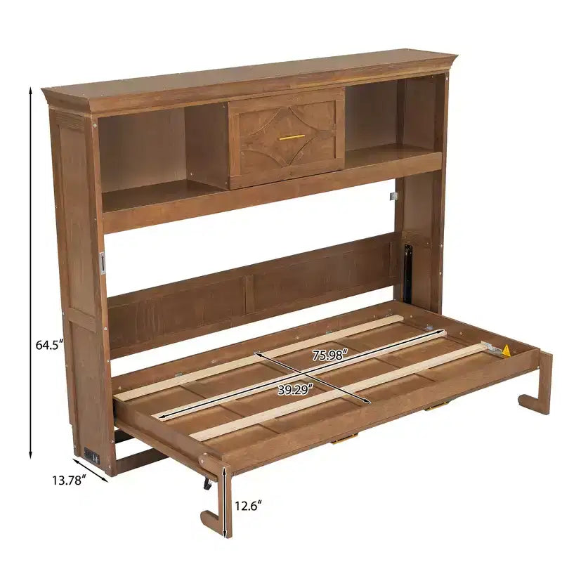Wood Twin Size Murphy Bed with Charging Station and a Drawer