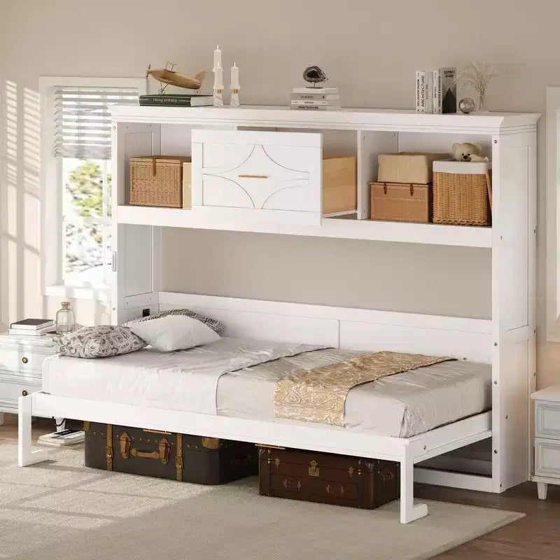 Wood Twin Size Murphy Bed with Charging Station and a Drawer