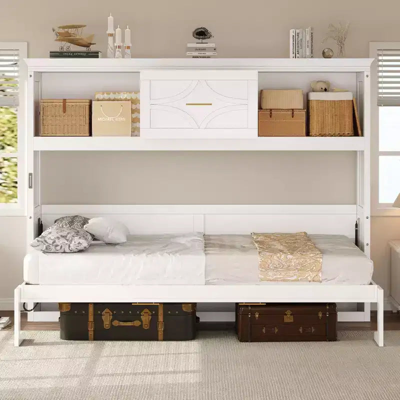 Wood Twin Size Murphy Bed with Charging Station and a Drawer