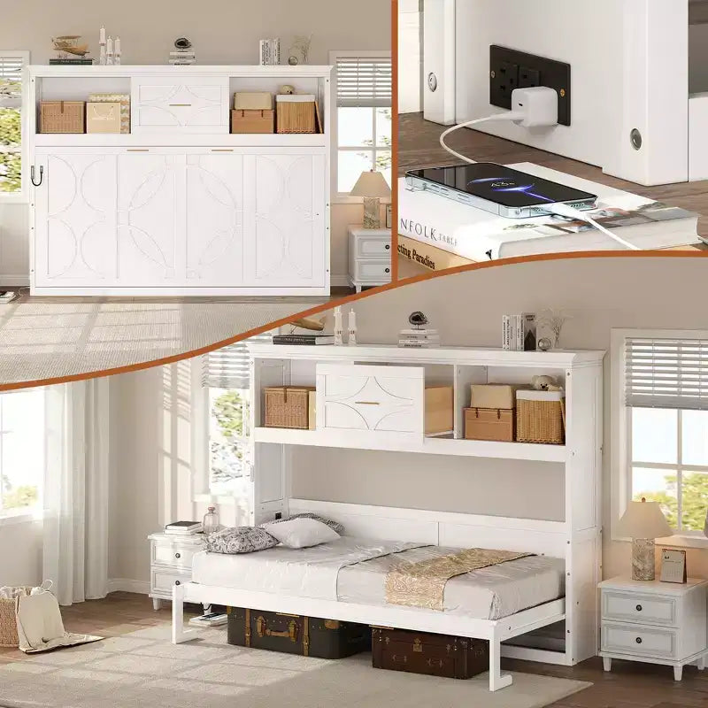 Wood Twin Size Murphy Bed with Charging Station and a Drawer